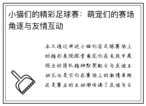 小猫们的精彩足球赛：萌宠们的赛场角逐与友情互动